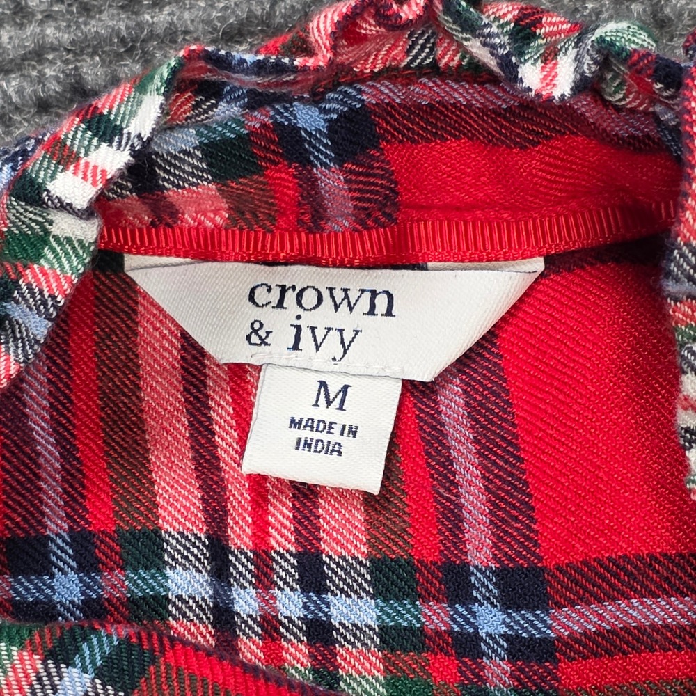 Crown & Ivy Plaid Top Women's Size M Red Blue Ruffle Henley‎ Rhinestone Buttons - Picture 3 of 9